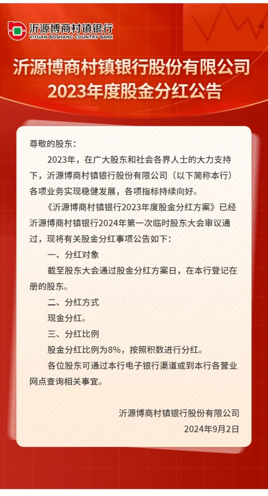 沂源博商村镇银行2023年度股金分红公告